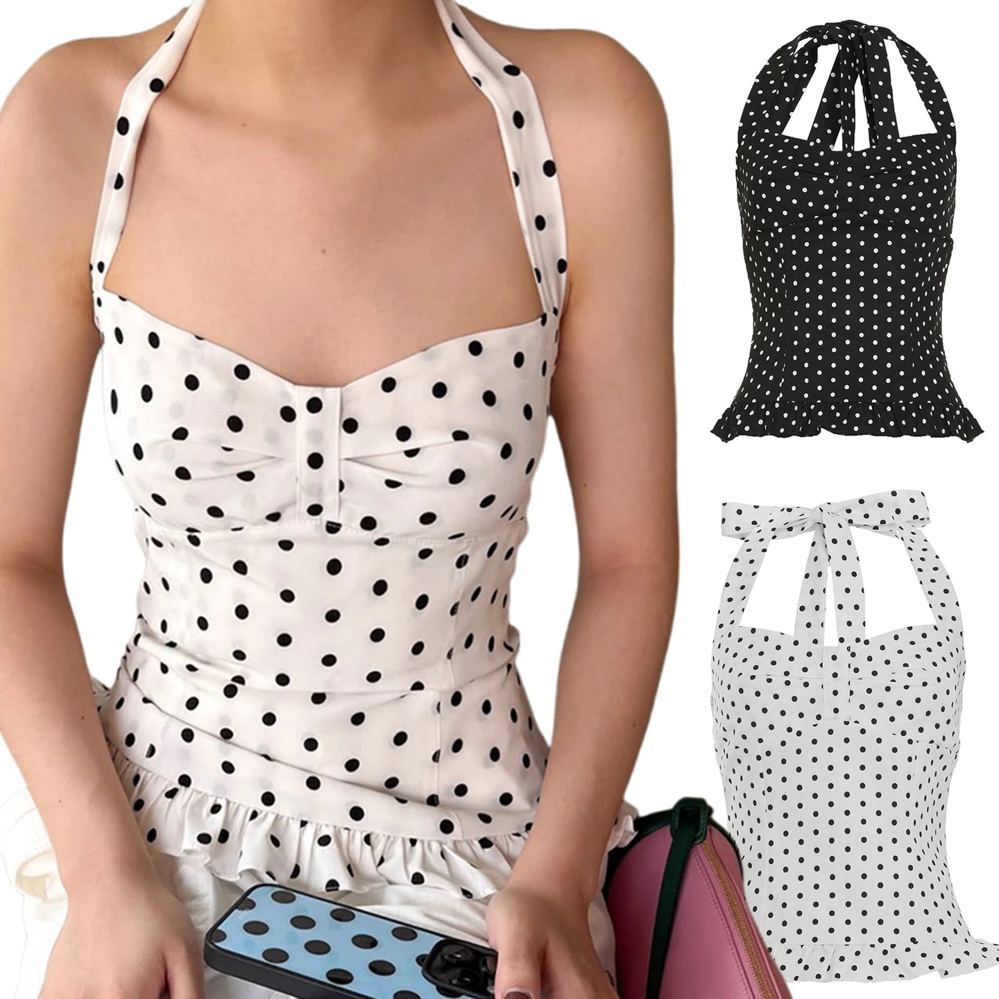 Polka Dot Color Block Halter Neck Tank Top with Sweet Lace Hem Eco - Friendly Breathable Woven Fabric Fresh Minimalist Style - Zeprah