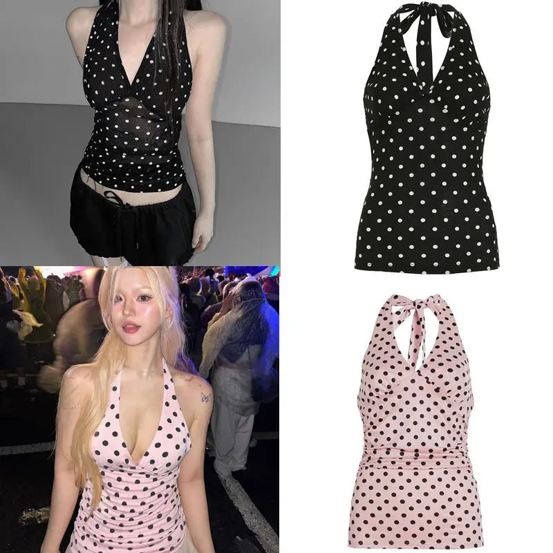 Polka Dot Halter Top Backless Sleeveless Tank Top New Sexy Bodycon Women's Vest Short Ribbons - Zeprah