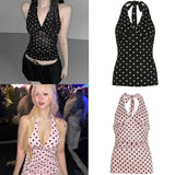 Polka Dot Halter Top Backless Sleeveless Tank Top New Sexy Bodycon Women's Vest Short Ribbons - Zeprah