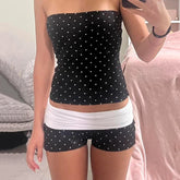 Polka Dot Two - Piece Set Sleeveless Bustier Top Knee Short Knitting Stretch Leggings Summer Sexy Regular Eco - Friendly Breathable - Zeprah