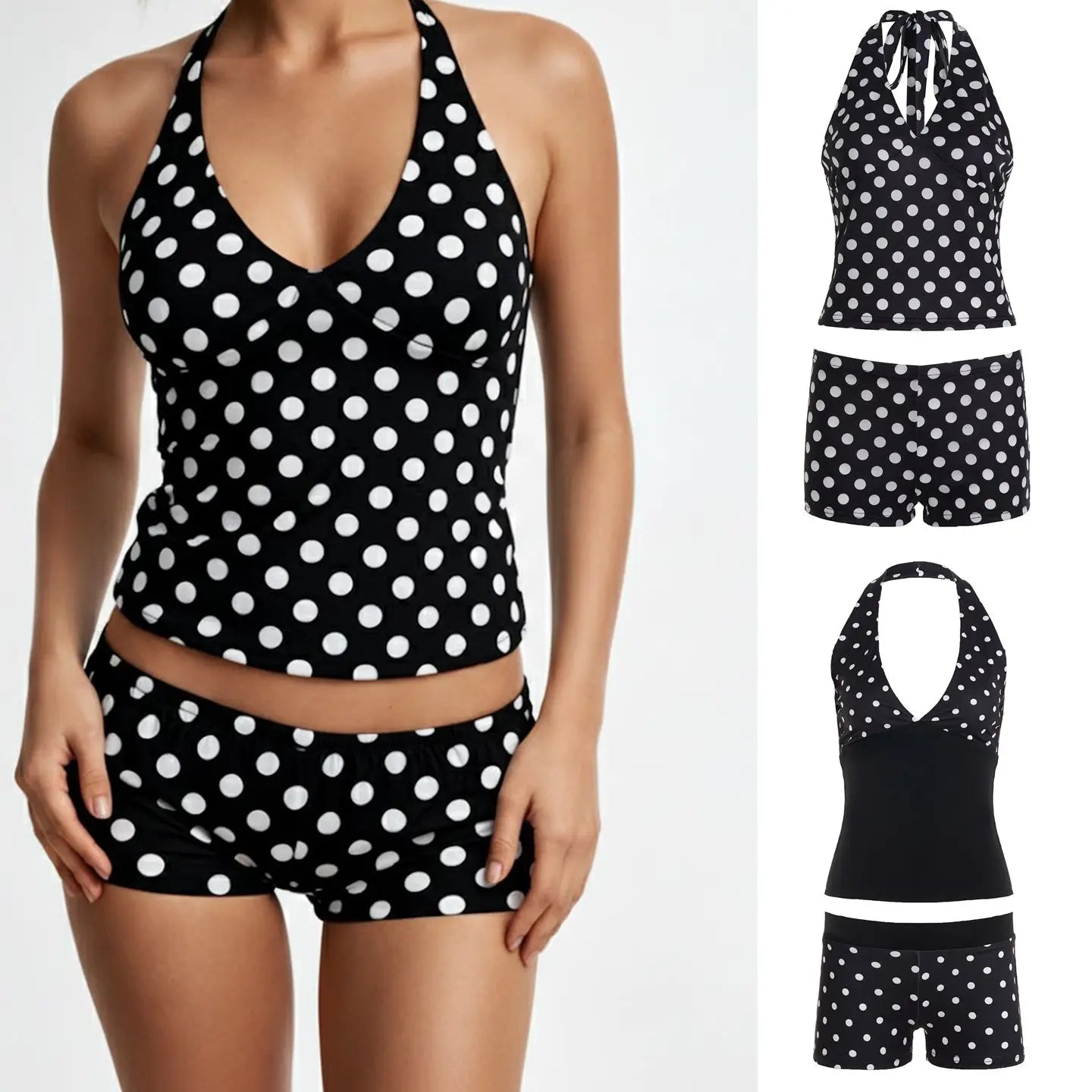 Polka Dot Women's Summer Two - Piece Casual Knit Set with Above Knee Skinny Shorts Halter Tie Top Eco - Friendly Breathable Fabric - Zeprah