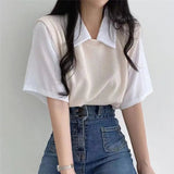 Polo Lapel Graphic Tee Loose - fit Tops for Women Color Contrast Short - sleeved Blouse - Zeprah