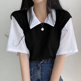 Polo Lapel Graphic Tee Loose - fit Tops for Women Color Contrast Short - sleeved Blouse - Zeprah