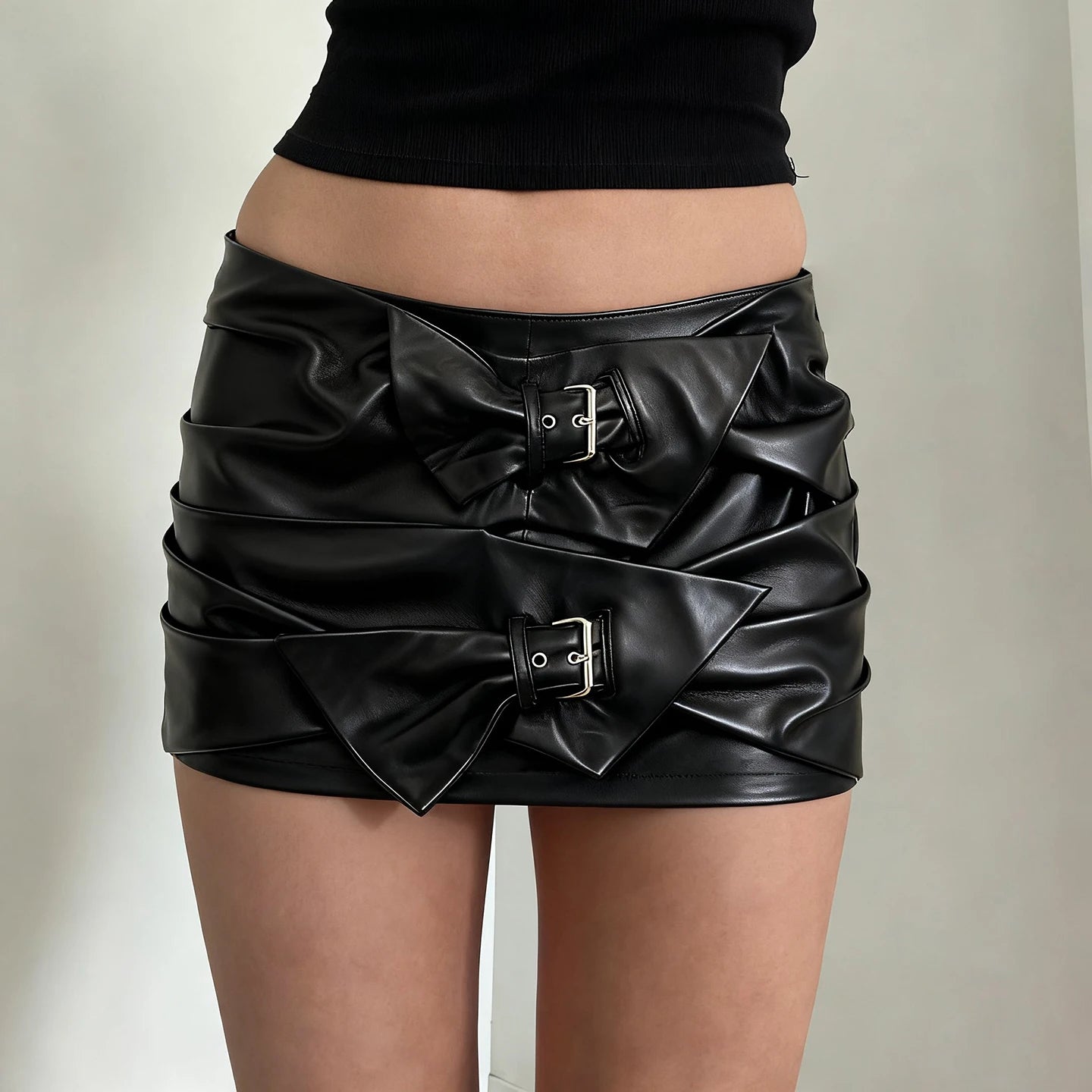 Polyester Mini Skirt Natural Waist Black Bodycon Skirt Bow Metal Buckle Sexy High Quality Pencil Skirt Anti - Wrinkle - Zeprah