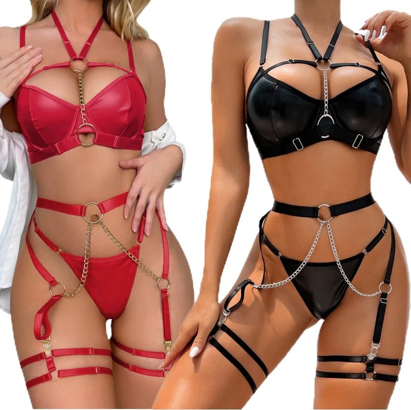Pu Soft Leather Chain Neck Waist Sexy Lingerie Set Sexy Costumes Womens Sexy Underwear - Zeprah