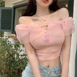 Puff Bubble Sleeve Cut Padded Camisole Sweet Girl Beauty Back off Shoulder Tank Top Big Bomb Princess Style Sashed Vest - Zeprah