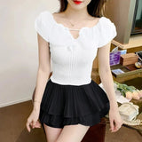 Puff Bubble Sleeve Cut Padded Camisole Sweet Girl Beauty Back off Shoulder Tank Top Big Bomb Princess Style Sashed Vest - Zeprah