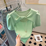 Puff Sleeve Tops for Women Soft Graphic Tee Knit Short - sleeved T-shirt - Zeprah