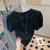 Puff Sleeve Tops for Women Soft Graphic Tee Knit Short - sleeved T-shirt - Zeprah