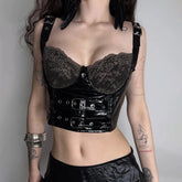 Punk Faux Leather Tank Top | Breathable Eco - Friendly Lace Trim Solid Unpadded Short for Women Streetwear - Zeprah