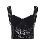 Punk Faux Leather Tank Top | Breathable Eco - Friendly Lace Trim Solid Unpadded Short for Women Streetwear - Zeprah