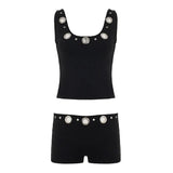 Punk Street Fashion Solid 2 Piece Set Women Knit Stretch Breathable Outfit Sleeveless Top Shorts Button Casual - Zeprah