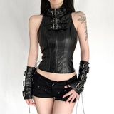 Punk Style Short Black Tank Top Button Metal Buckles Breathable Eco - Friendly Patchwork Ruffled Collar Dancewear Shaping Layer - Zeprah