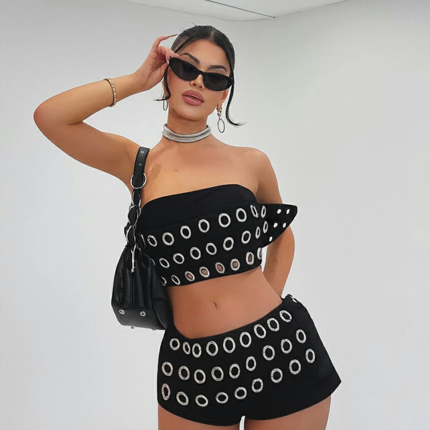 Punk Two Piece Set for Women Matching Solid Crop Top Above Knee Shorts Metal Eyelets Eco - Friendly Sexy Gothic Streetwear - Zeprah