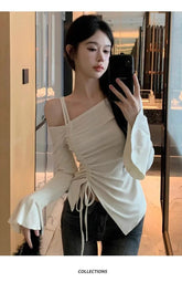 Pure Desire Irregular Fashion Hot Girl Tight Top Women's Spring and Autumn Lotus Leaf Sleeve Waist Shoulder Base Shirt - Zeprah