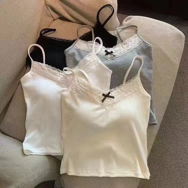 Pure Desire Lace Gray Camisole Women's Built - in Bra Wearing Outer Wearing Short Slim - fit Design Top - Zeprah