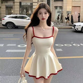 Pure Desire Square Collar Strap Contrast Color Dress Summer French Elegant New Waist Retro Fashion Women's Dress - Zeprah