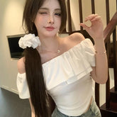 Pure Off - shoulder Collar Sexy Spice Girls Women's Short - sleeved T-shirt New Summer Korean - style Slimming Women's Trendy Top - Zeprah