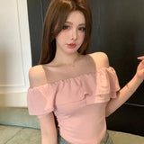 Pure Off - shoulder Collar Sexy Spice Girls Women's Short - sleeved T-shirt New Summer Korean - style Slimming Women's Trendy Top - Zeprah