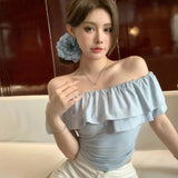 Pure Off - shoulder Collar Sexy Spice Girls Women's Short - sleeved T-shirt New Summer Korean - style Slimming Women's Trendy Top - Zeprah