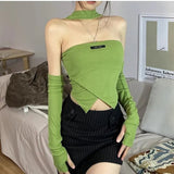 Pure Retro Spice Girl Tight - fitting Neck - hanging Shoulder - exposed T-shirt Women's Short Slimming Irregular Sleeve Irregular Top - Zeprah