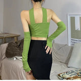Pure Retro Spice Girl Tight - fitting Neck - hanging Shoulder - exposed T-shirt Women's Short Slimming Irregular Sleeve Irregular Top - Zeprah
