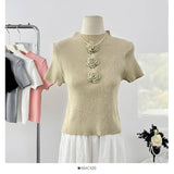 Pure Spice Girl Hollow Stitching Three - dimensional Flower Knitted Short - sleeved Women's T-shirt Summer New Age - reducing Top - Zeprah
