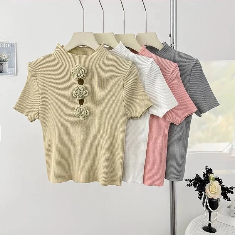 Pure Spice Girl Hollow Stitching Three - dimensional Flower Knitted Short - sleeved Women's T-shirt Summer New Age - reducing Top - Zeprah