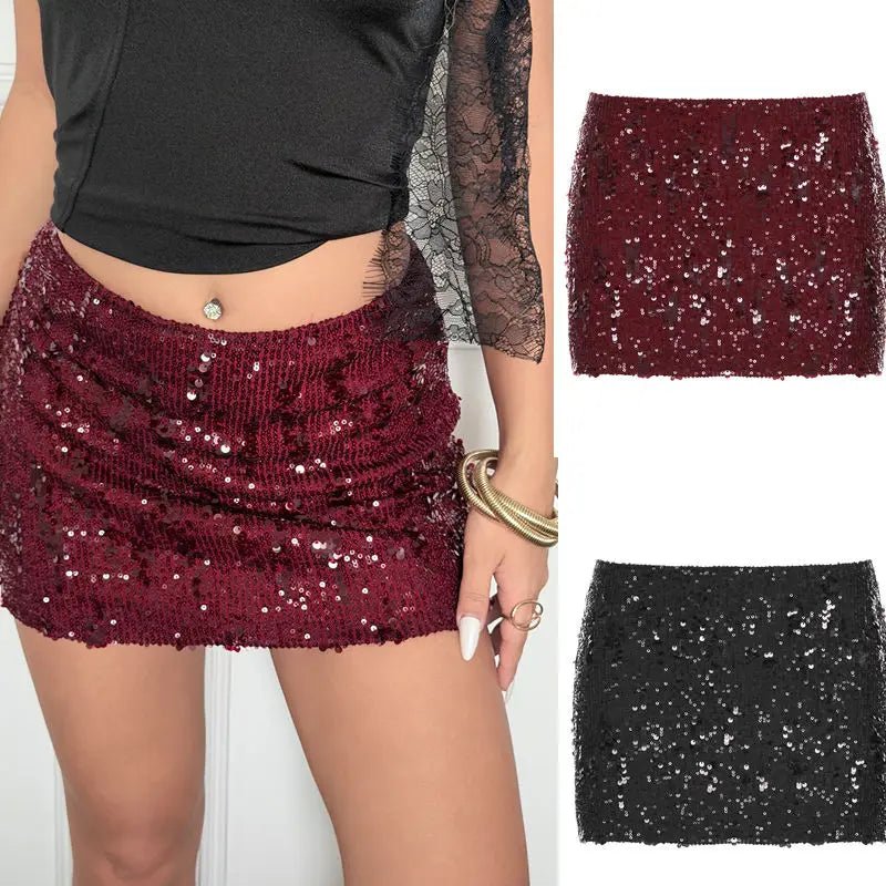Red Sequin Bodycon Mini Skirt Low - Rise Club Party Skirt for Women - Zeprah