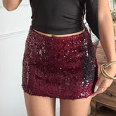 Red Sequin Bodycon Mini Skirt Low - Rise Club Party Skirt for Women - Zeprah