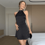 Retro Black & White Polka Dot Halter Mini Dress - Zeprah