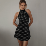 Retro Black & White Polka Dot Halter Mini Dress - Zeprah