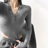 Retro Button V - neck Girl Bodysuit Women Sexy Long Sleeves Jumpsuit Long Sleeve Bodysuit - Zeprah