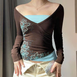 Retro Print Contrast Color V - Neck Long Sleeve Knitted Digital Printing T-Shirt | Slim Fit Comfortable Casual Top - Zeprah