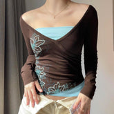 Retro Print Contrast Color V - Neck Long Sleeve Knitted Digital Printing T-Shirt | Slim Fit Comfortable Casual Top - Zeprah