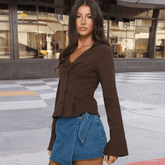 Ribbed Knit Long Sleeve V - Neck Peplum Top - Zeprah