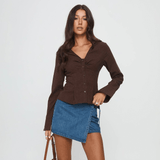 Ribbed Knit Long Sleeve V - Neck Peplum Top - Zeprah