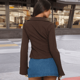 Ribbed Knit Long Sleeve V - Neck Peplum Top - Zeprah