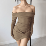 Ribbed Knit Off - Shoulder Ruched Mini Dress - Zeprah