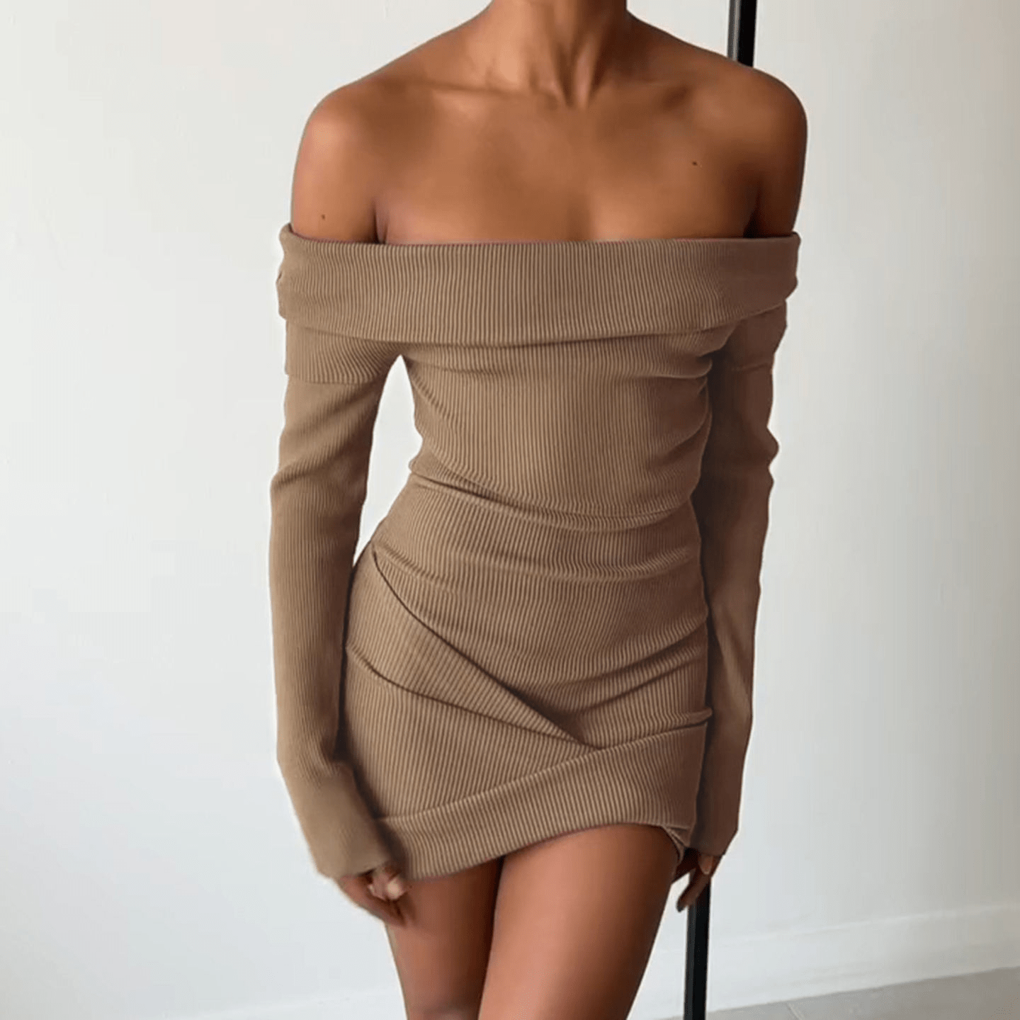 Ribbed Knit Off - Shoulder Ruched Mini Dress - Zeprah
