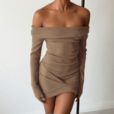 Ribbed Knit Off - Shoulder Ruched Mini Dress - Zeprah