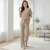 Ribbed Knit V - Neck Short Sleeve Top and Wide - Leg Pleated Pant Set - Zeprah