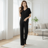 Ribbed Knit V - Neck Short Sleeve Top and Wide - Leg Pleated Pant Set - Zeprah