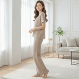 Ribbed Knit V - Neck Short Sleeve Top and Wide - Leg Pleated Pant Set - Zeprah