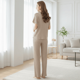 Ribbed Knit V - Neck Short Sleeve Top and Wide - Leg Pleated Pant Set - Zeprah