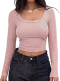 Ribbed Long - sleeved Top Square Collar Crop Top Slim - fit Long - sleeved T-shirts - Zeprah