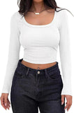 Ribbed Long - sleeved Top Square Collar Crop Top Slim - fit Long - sleeved T-shirts - Zeprah