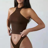 Ribbed Racer Back Round Neck Sports I - shaped Short Vest Bra Crop Top - Zeprah