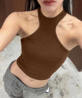 Ribbed Racer Back Round Neck Sports I - shaped Short Vest Bra Crop Top - Zeprah