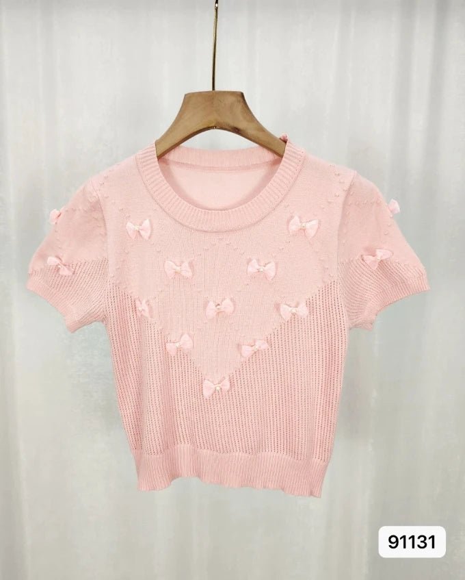 Round Neck Bow Short Sleeve Knitted T-shirt for Women New Summer Style Short - Sleeved Tee Knitted T-shirt - Zeprah